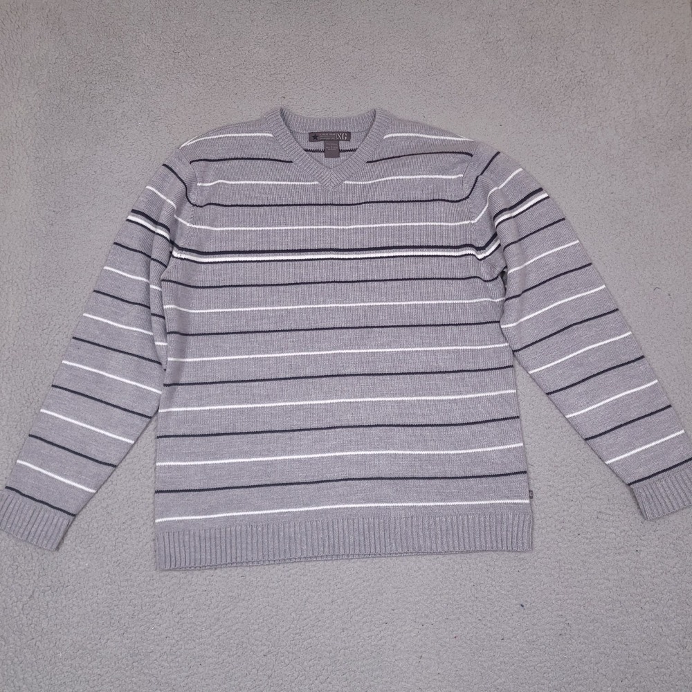 Xtreme Gear Surplus Ltd Sweater Mens Large Gray Striped V-Neck Acrylic Knit - Picture 1 of 9
